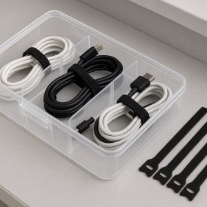 Clear Plastic Cable Storage Box Electronic Accessory Organizer Case with Ties for Drawer
