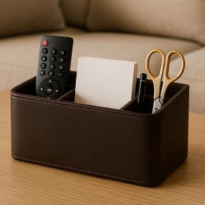 Leather Desktop Stationary Storage Box Remote Control Holder for Living Room Table